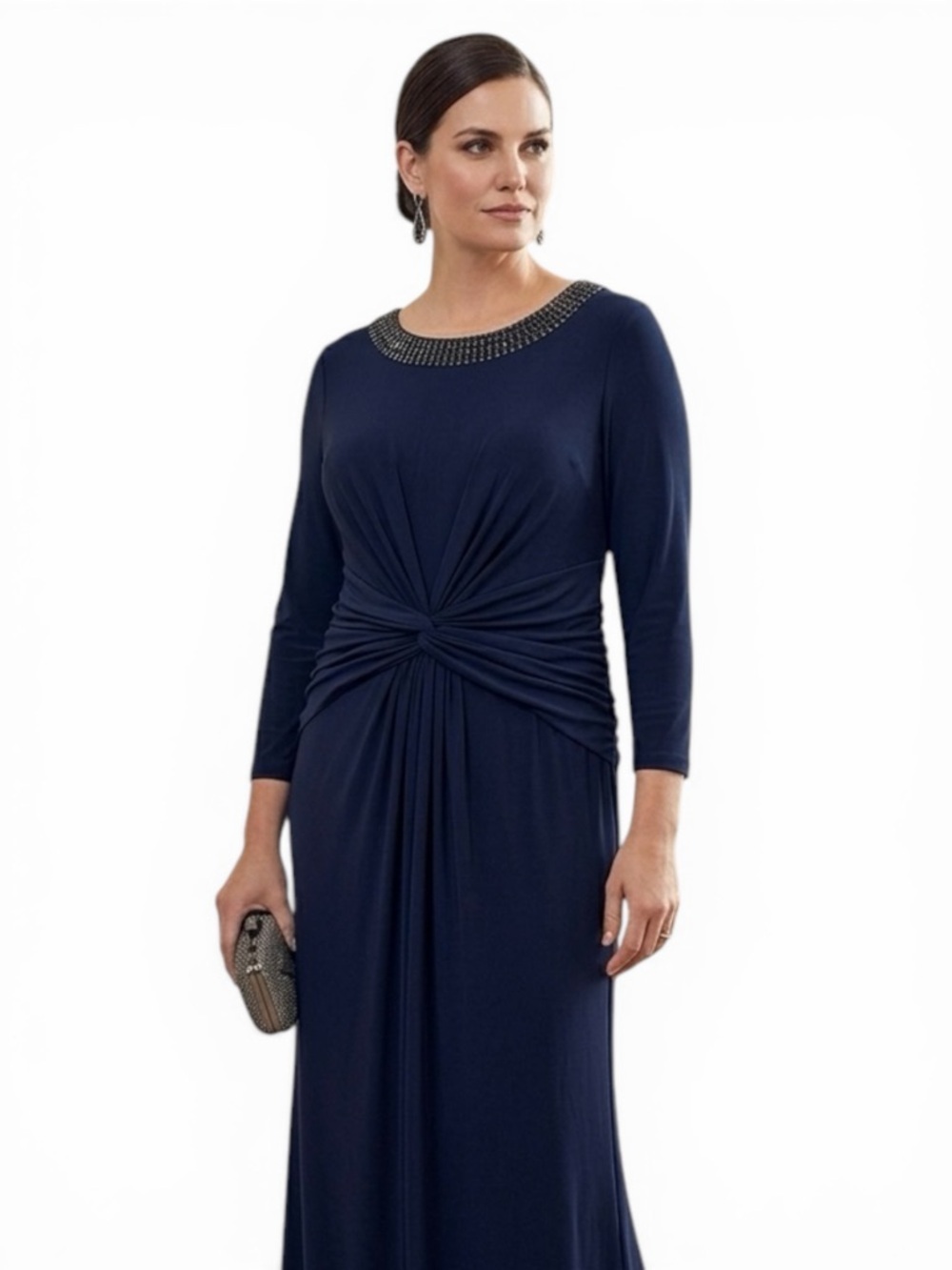 Adrianna Papell Navy Beaded Embellished Neck Gown Twist Waist Keyhole Back 14 - Picture 2 of 16
